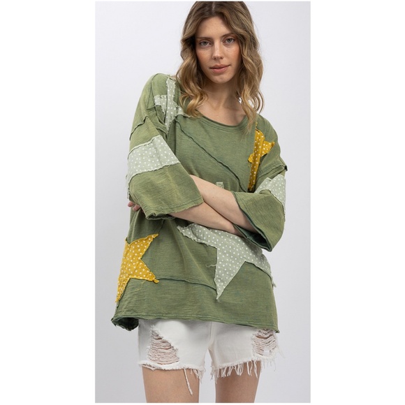Bluevelvet Olive Green Raw Detail Star Patch Loose Fit Short Sleeve Top - Picture 7 of 10